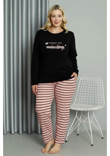 Moda Kadın Büyük Beden Penye Uzun Kol Pijama Takım Siyah fiyatları