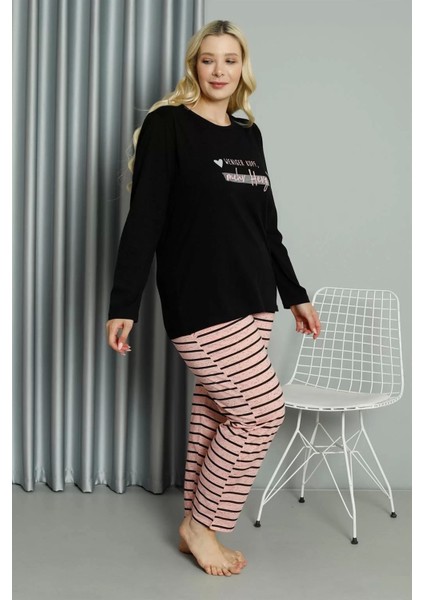 Moda Kadın Büyük Beden Penye Uzun Kol Pijama Takım Siyah modelleri