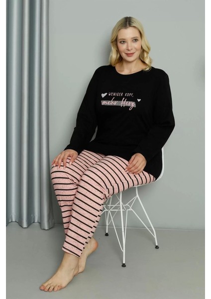 Moda Kadın Büyük Beden Penye Uzun Kol Pijama Takım Siyah fırsatları