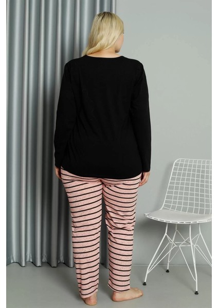 Moda Kadın Büyük Beden Penye Uzun Kol Pijama Takım Siyah indirimleri