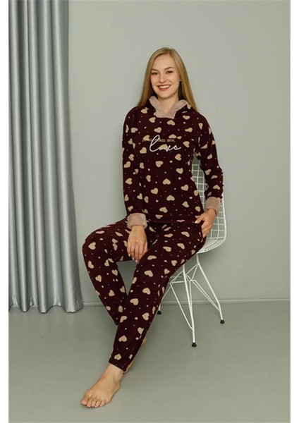 Moda Polar Kadın Kapşonlu Pijama Takımı Bordo modelleri