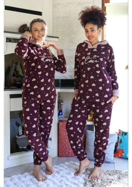 Moda Polar Kadın Kapşonlu Pijama Takımı Bordo