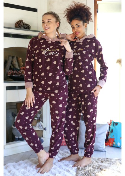 Moda Polar Kadın Kapşonlu Pijama Takımı Bordo