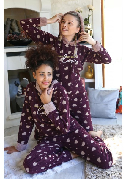 Moda Polar Kadın Kapşonlu Pijama Takımı Bordo