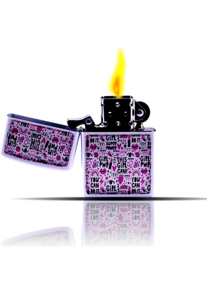 Girl Power Karalama Desenli Siyah Beyaz Benzinli Çakmak