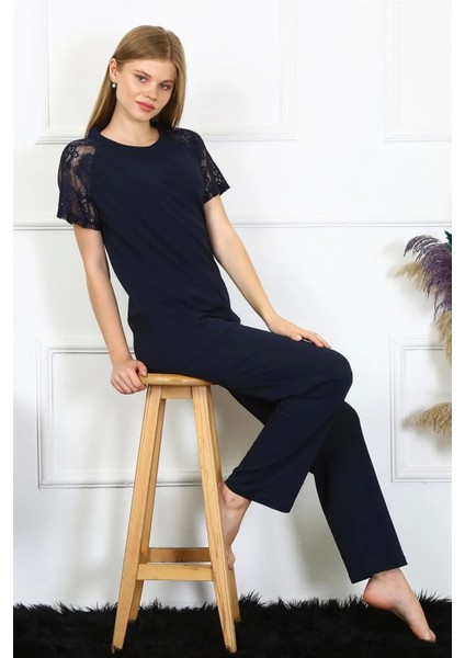 Moda Kadın Kolu Dantelli Penye Pijama Takım Lacivert fiyatları