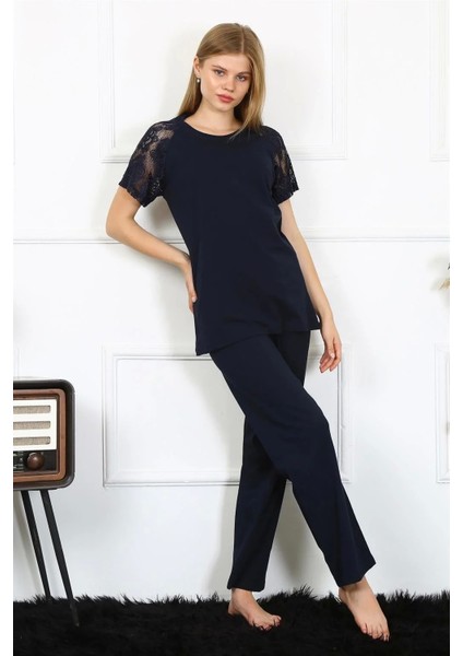 Moda Kadın Kolu Dantelli Penye Pijama Takım Lacivert modelleri