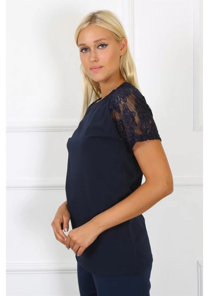 Moda Kadın Kolu Dantelli Penye Pijama Takım Lacivert