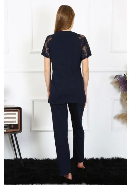 Moda Kadın Kolu Dantelli Penye Pijama Takım Lacivert