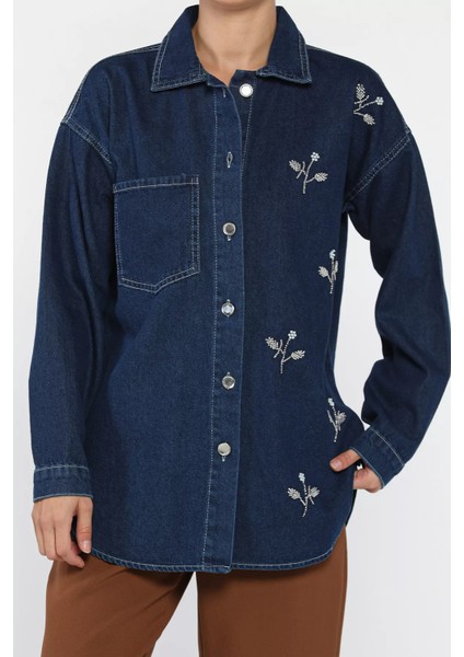 Kadın Tek Cepli Inci ve Taş Işlemeli Jean Kot Ceket P-00018112 fiyatları