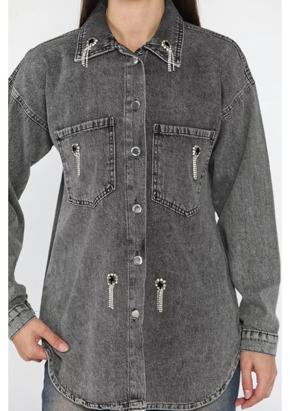 Kadın Taş Işlemeli Çift Cepli Jean Kot Ceket P-00018106 modelleri