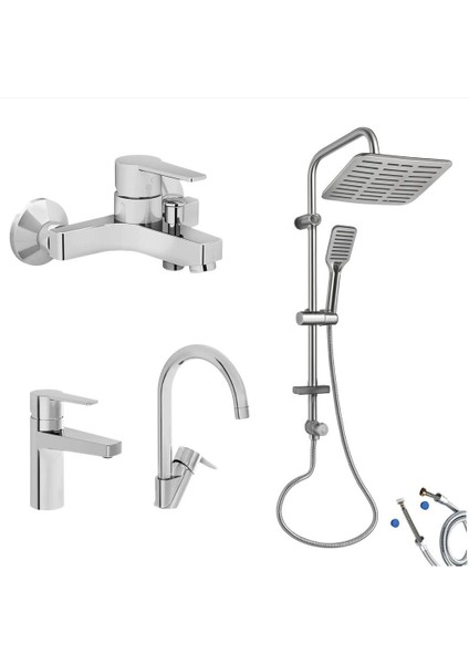 Nora S Banyo Bataryası + Lavabo Bataryası + Eviye Bataryası + Doppo Siena Lux Tepe Duş Sistemi