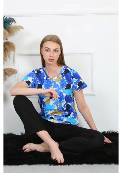 Moda Kadın Penye Kısa Kol Pijama Takım Saks modelleri