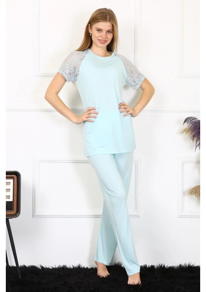 Moda Kadın Kolu Dantelli Penye Pijama Takım Su Yeşili