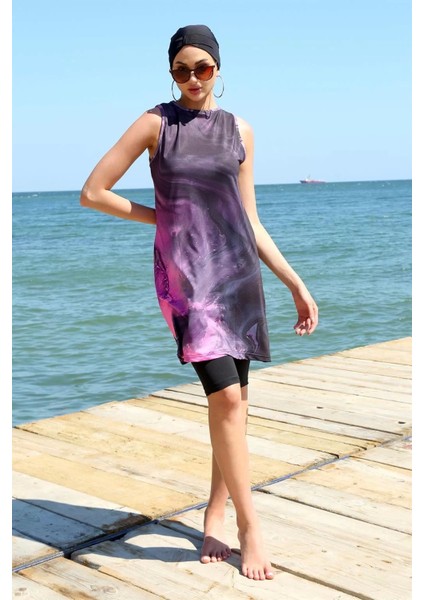 Moda Sıfır Kol Desenli Yarım Tesettür Mayo Mor