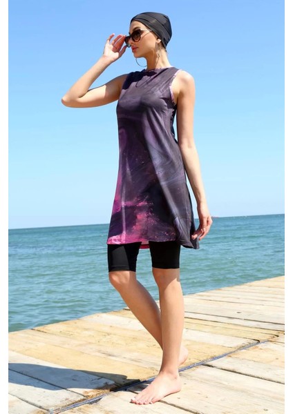 Moda Sıfır Kol Desenli Yarım Tesettür Mayo Mor fiyatları