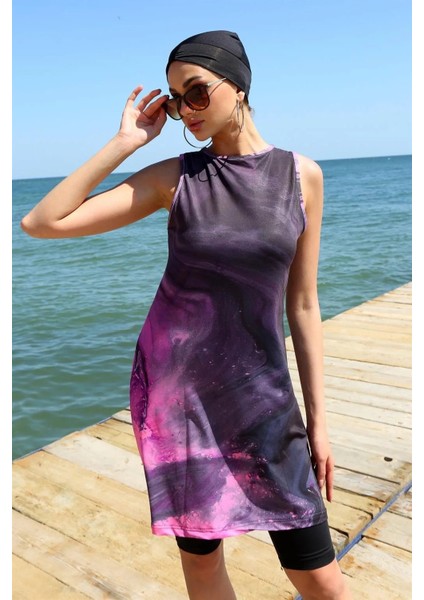 Moda Sıfır Kol Desenli Yarım Tesettür Mayo Mor modelleri