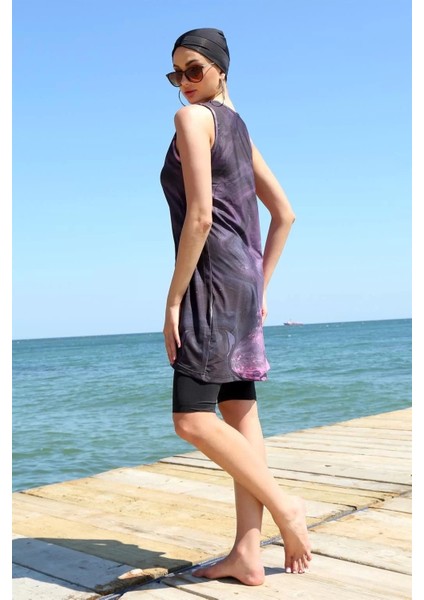 Moda Sıfır Kol Desenli Yarım Tesettür Mayo Mor fırsatları