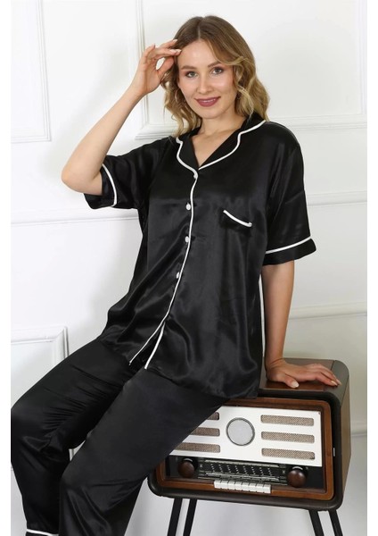 Moda Kadın Büyük Beden Siyah Saten Pijama Takımı modelleri