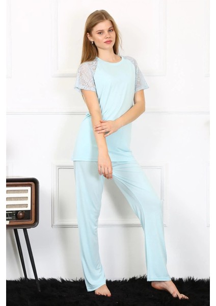 Moda Kadın Kolu Dantelli Penye Pijama Takım Su Yeşili fiyatları