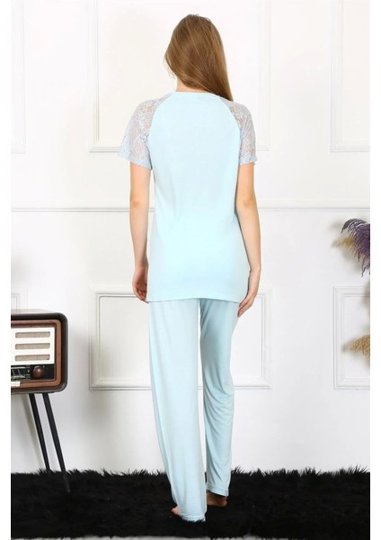 Moda Kadın Kolu Dantelli Penye Pijama Takım Su Yeşili indirimleri