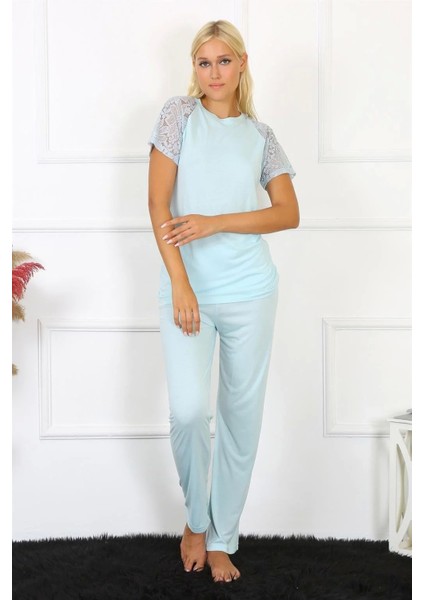 Moda Kadın Kolu Dantelli Penye Pijama Takım Su Yeşili