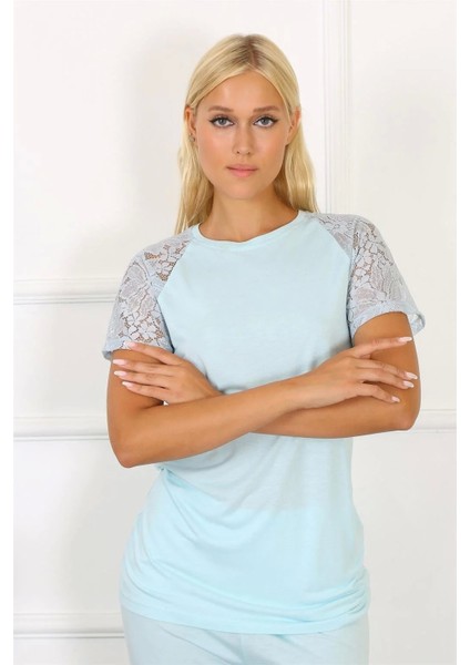 Moda Kadın Kolu Dantelli Penye Pijama Takım Su Yeşili