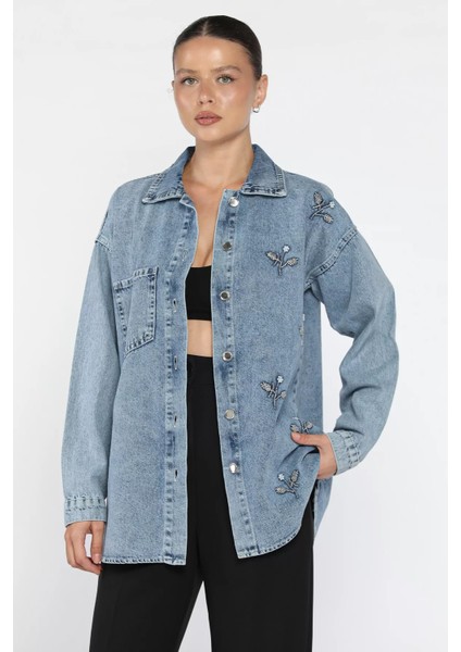 Kadın Tek Cepli Inci ve Taş Işlemeli Jean Kot Ceket P-00018112