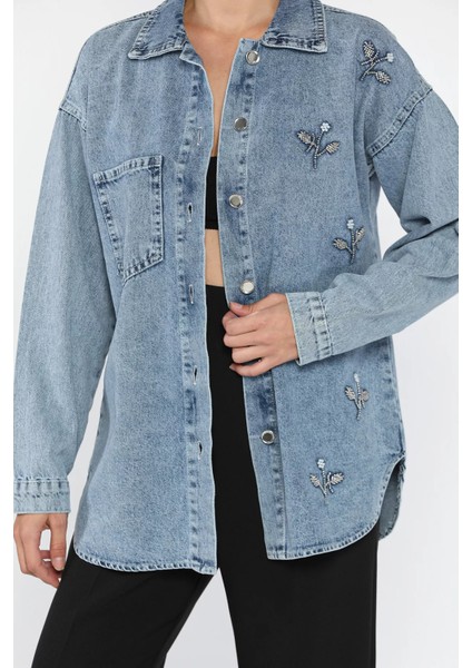 Kadın Tek Cepli Inci ve Taş Işlemeli Jean Kot Ceket P-00018112 modelleri