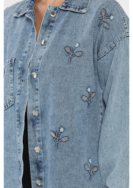 Kadın Tek Cepli Inci ve Taş Işlemeli Jean Kot Ceket P-00018112 fırsatları