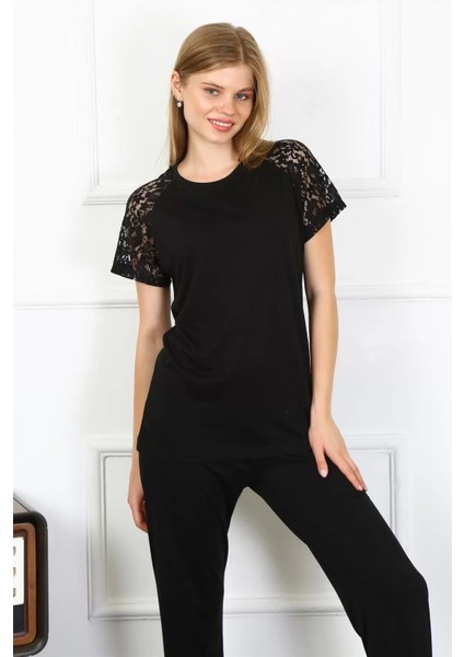 Moda Kadın Kolu Dantelli Penye Pijama Takım Siyah fiyatları