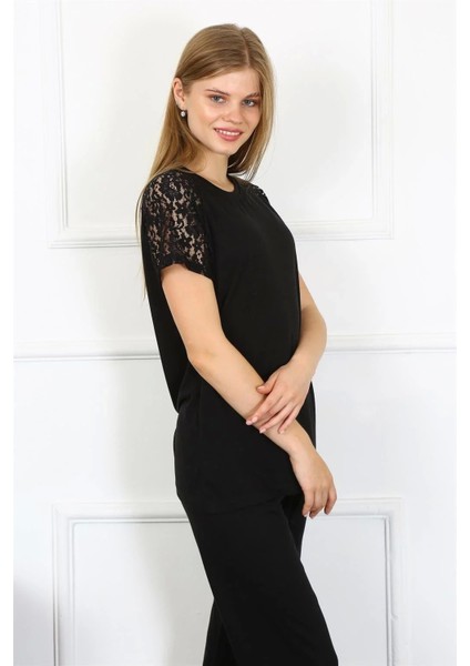 Moda Kadın Kolu Dantelli Penye Pijama Takım Siyah modelleri