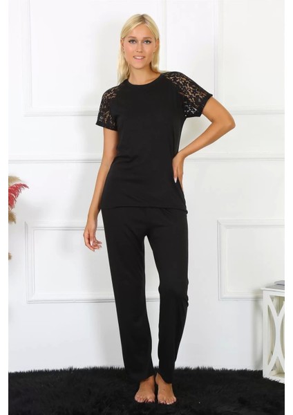 Moda Kadın Kolu Dantelli Penye Pijama Takım Siyah indirimleri