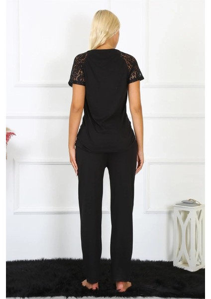 Moda Kadın Kolu Dantelli Penye Pijama Takım Siyah