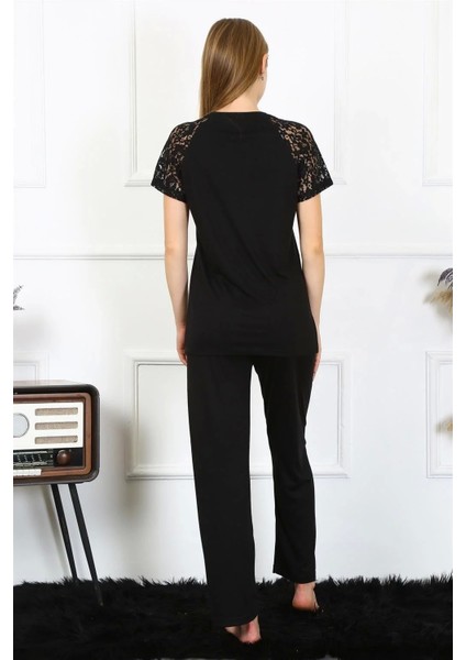 Moda Kadın Kolu Dantelli Penye Pijama Takım Siyah