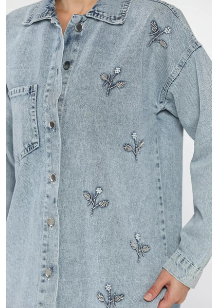 Kadın Tek Cepli Inci ve Taş Işlemeli Jean Kot Ceket P-00018112 fırsatları