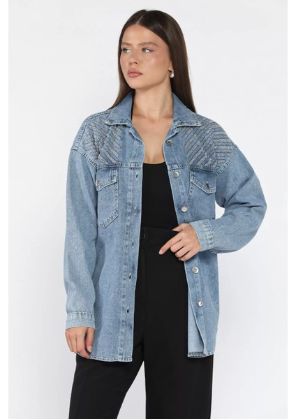 Kadın Omuz Taş Işlemeli Çift Cepli Jean Kot Ceket P-00018100