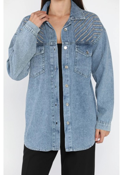 Kadın Omuz Taş Işlemeli Çift Cepli Jean Kot Ceket P-00018100 modelleri