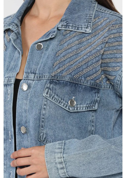 Kadın Omuz Taş Işlemeli Çift Cepli Jean Kot Ceket P-00018100 fırsatları