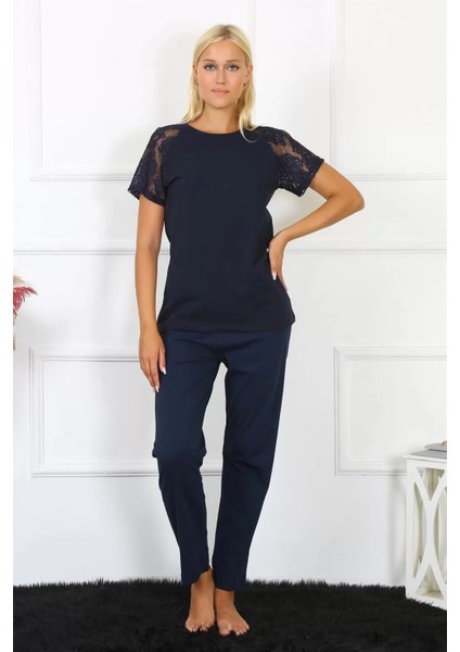 Moda Kadın Kolu Dantelli Penye Pijama Takım Lacivert indirimleri