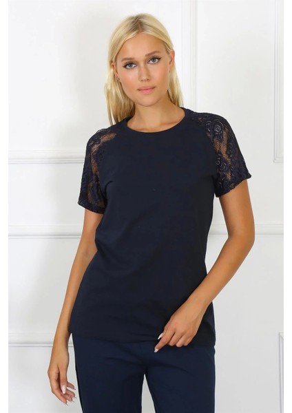 Moda Kadın Kolu Dantelli Penye Pijama Takım Lacivert
