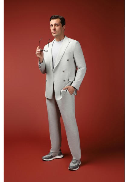 Regular Fit Keten Karışımlı Kruvaze Takım Elbise fırsatları