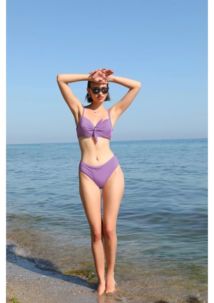Moda Kadın Içi Boş Fiyonklu Kaplı Lila Alt Üst Bikini Takım