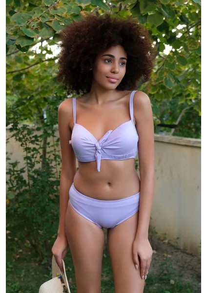 Moda Kadın Içi Boş Fiyonklu Kaplı Lila Alt Üst Bikini Takım