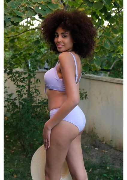 Moda Kadın Içi Boş Fiyonklu Kaplı Lila Alt Üst Bikini Takım