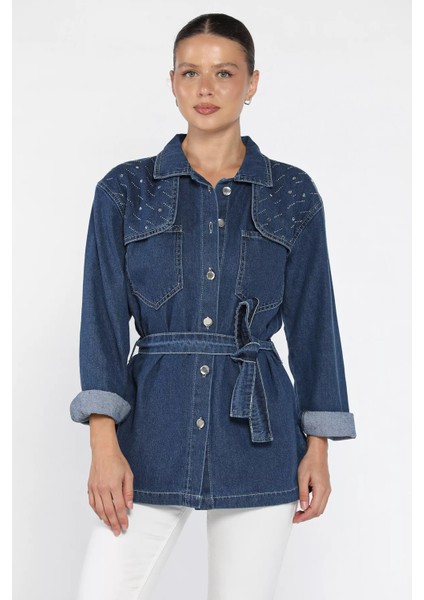 Kadın Omuz Taş Detaylı Bel Kuşaklı Jean Kot Ceket P-00018084
