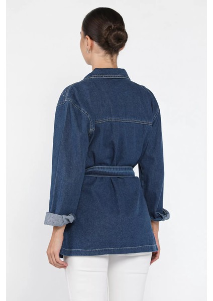 Kadın Omuz Taş Detaylı Bel Kuşaklı Jean Kot Ceket P-00018084 fiyatları