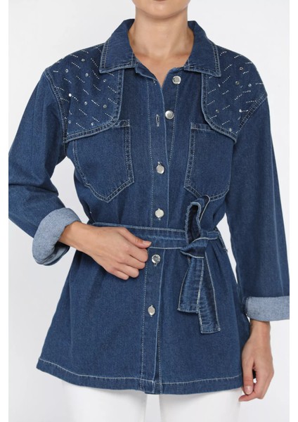Kadın Omuz Taş Detaylı Bel Kuşaklı Jean Kot Ceket P-00018084 modelleri