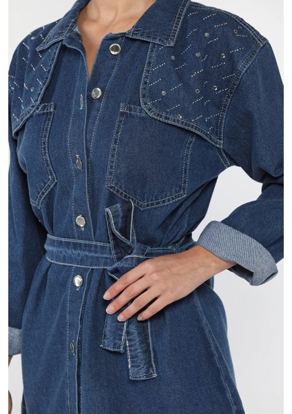 Kadın Omuz Taş Detaylı Bel Kuşaklı Jean Kot Ceket P-00018084 fırsatları