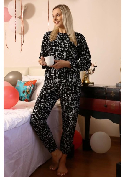 Moda Kadın Uzun Kol 3 Iplik Penye Pijama Takım Siyah